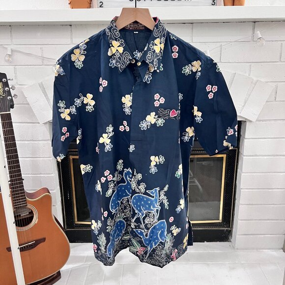 Batik Banyumas Hadipriyanto Other - RARE Hadipriyanto Batik Deer Floral Prints Short Sleeve Button Down Shirt